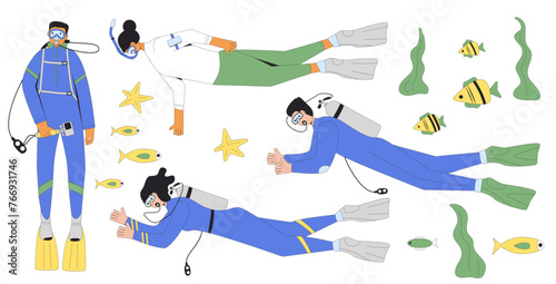 Diving set. Men and women divers swimming in water suits, oxygen masks, tanks and equipment for scuba and snorkel. Underwater sea marine snorkelling sport. Flat line art vector illustrations
