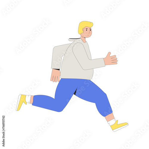 Overweigh man running. Sport exercises jogging for weight loss and health. Vector flat illustration