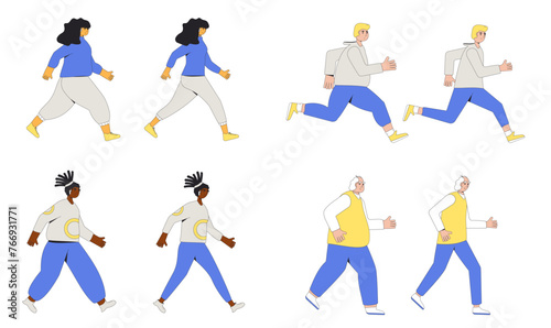 Weight loss running women and men sequence set. Before and after. Young and elderly characters with different body mass
