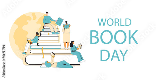 World book and copyright day banner template. Reading lovers in library. Learning and education holiday. Vector flat illustration