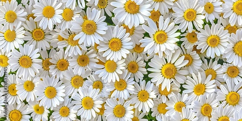2d pattern with realistic chamomile flower heads. sharp focus and high contrast, realistic background for commercial or other purposes