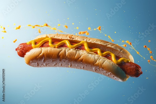hot dog flying in the air with mustard sauce