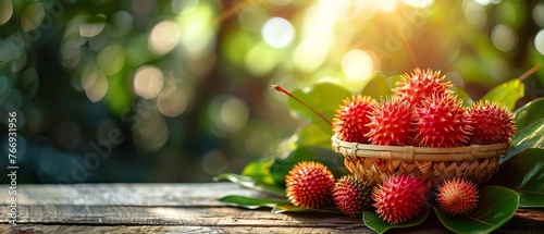 Juicy seasonal rambutan in a wicker basket over a wooden table with a fuzzy setting of a rambutan tree garden and space, Generative AI. photo