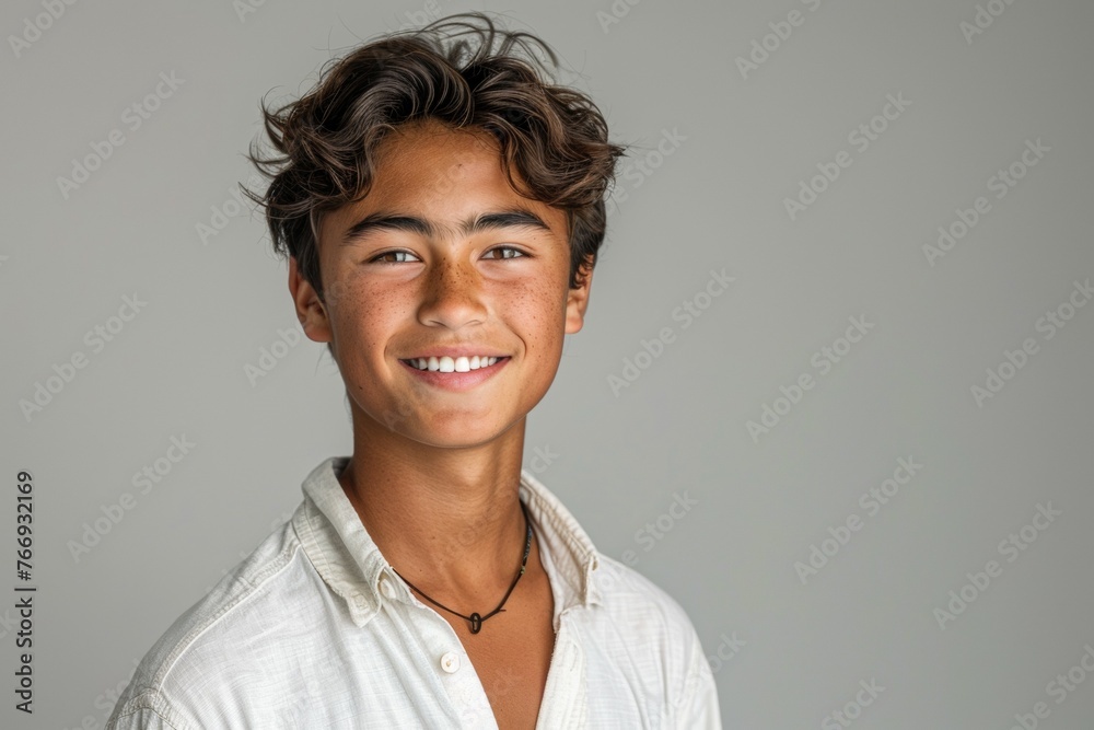 A young man with brown hair and a white shirt is smiling A young man with brown hair and a white shirt is smiling