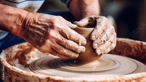 The hands of a ceramic craftsman working on a potter's wheel, making dishes from clay. photo