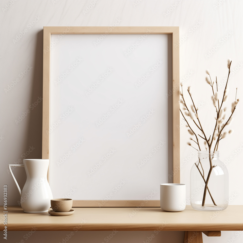 Elegant home decor with a blank wooden frame a ceramic vase with decorative twigs a white jug and a cup on a wooden table against a beige wall Elegant home decor with a blank wooden frame a ceramic vase with decorative twigs a white jug and a cup on a wooden table against a beige wall