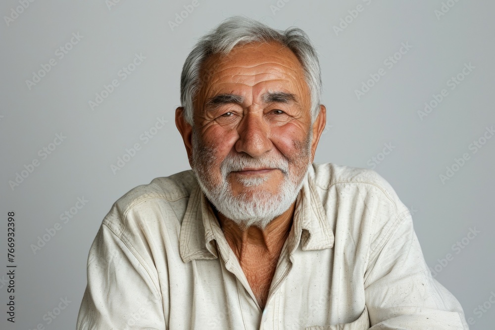 A man with a white shirt and gray hair is smiling