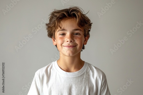 A young boy with brown hair and a white shirt is smiling © top images