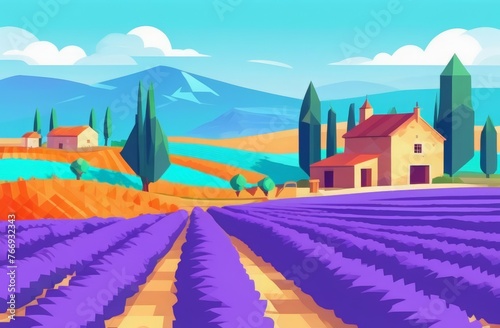 Beautiful summer illustration with lavender field, cottage, mountains and trees. A flat-style illustration on the theme of holidays in France.
