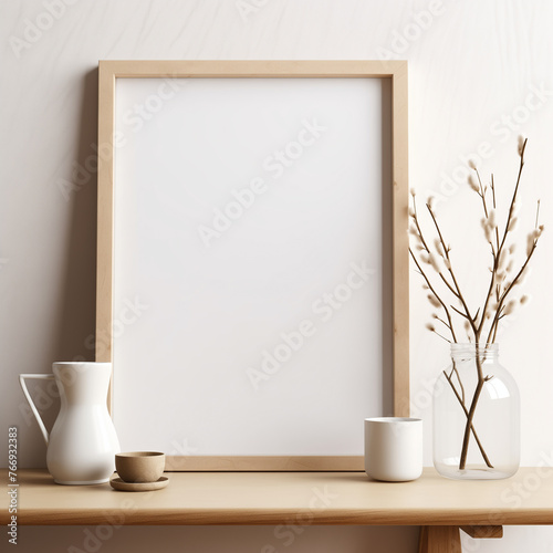 Elegant home decor with a blank wooden frame a ceramic vase with decorative twigs a white jug and a cup on a wooden table against a beige wall