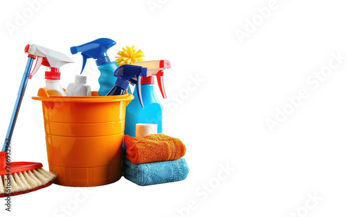Wooden Floor Hosting Neatly Arranged Cleaning Supplies in a Bucket isolated on transparent Background