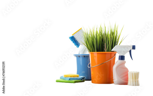 Wooden Floor Hosting Neatly Arranged Cleaning Supplies in a Bucket isolated on transparent Background