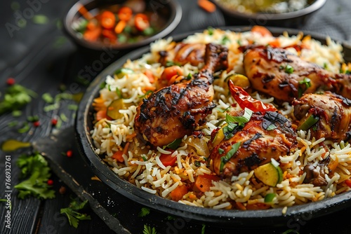 Front view dish of a plate of chicken mandi rice decorated with biryani rice with grilled chicken with vegetables on a black wooden background. photo