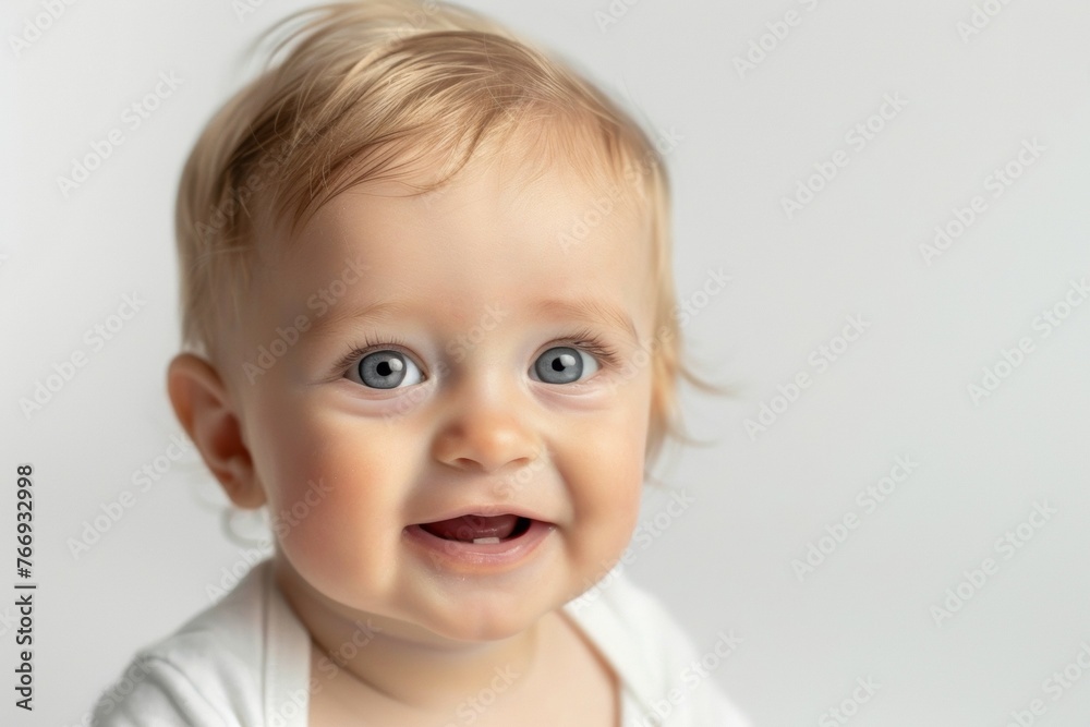 A baby with blue eyes is smiling and has a tooth missing