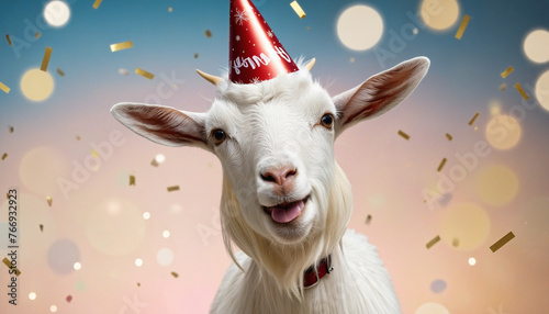 goat Happy cute animal friendly goat wearing a party hat celebrating fancy newyear or birthday party festive celebration greeting with bokeh light and paper shoot confetti surround party colorful back photo