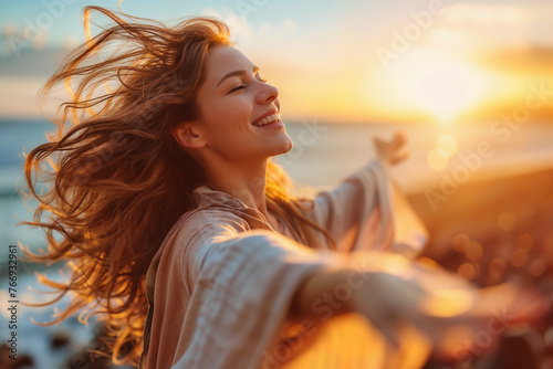 A woman enjoys a beautiful moment in life. Background with selective focus and copy space