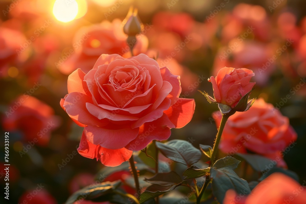 Pink rose bushes at sunset, selective focus Pink rose bushes at sunset, selective focus