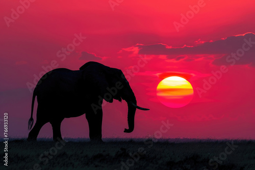 An awe-inspiring scene of an elephant against the backdrop of a vibrant African sunset