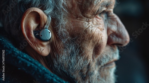 Lovely old person's hearing aid-equipped ear over a dark backdrop aging male and space, Generative AI. © Noobs