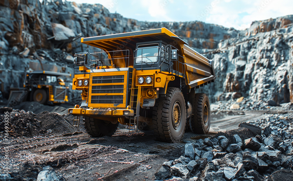 Yellow dump truck, large quarry operation Yellow dump truck, large quarry operation