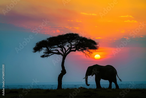 An awe-inspiring scene of an elephant against the backdrop of a vibrant African sunset