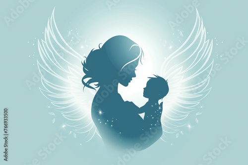 An icon of a mother's silhouette with angel wings background