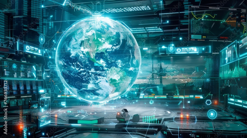 An immersive 3D animation displaying a holographic representation of planet Earth within a futuristic digital command center, showcasing global connectivity and high-tech surveillance An immersive 3D animation displaying a holographic representation of planet Earth within a futuristic digital command center, showcasing global connectivity and high-tech surveillance