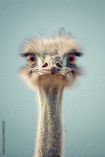 A close-up portrait of an ostrich