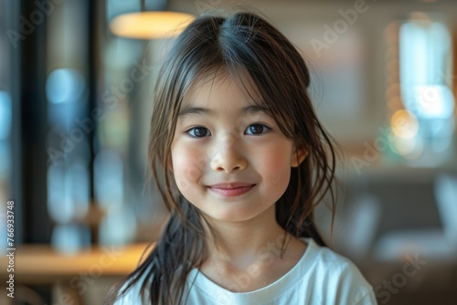 A young girl with long hair and a white shirt is smiling