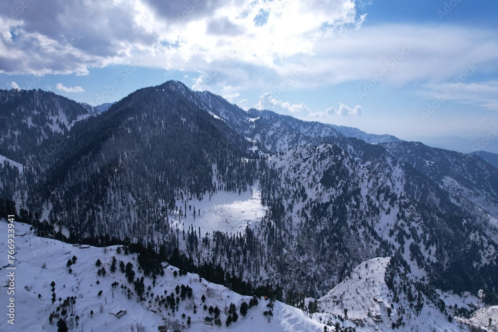 Aerial View of Snow-Covered Himalayan Mountains in Malam jabba Swat Pakistan
