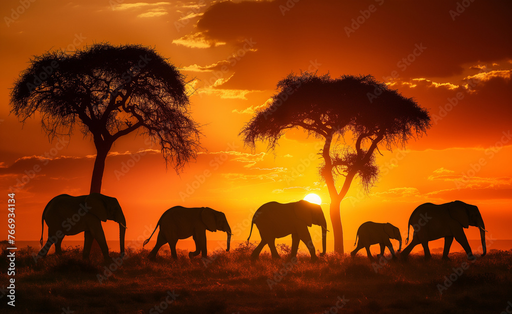 Sunset Stroll: Majestic Elephants of the African Savanna Sunset Stroll: Majestic Elephants of the African Savanna