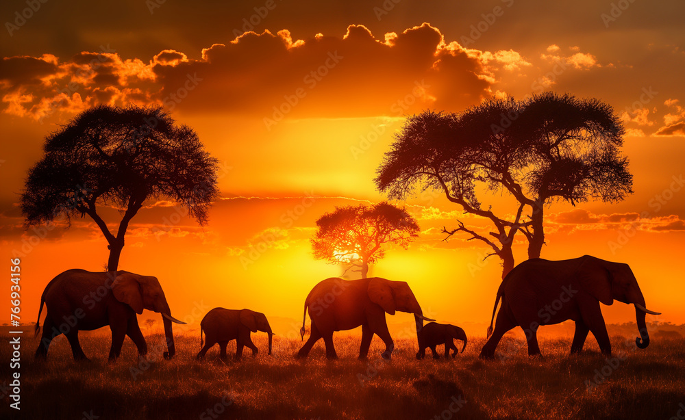 Sunset Stroll: Majestic Elephants of the African Savanna