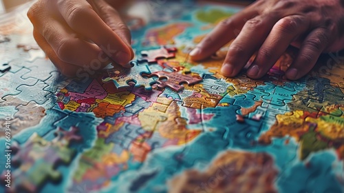 Male hand combining a puzzle piece over a vibrant global map jigsaw puzzle depicting connection and space, Generative AI.
