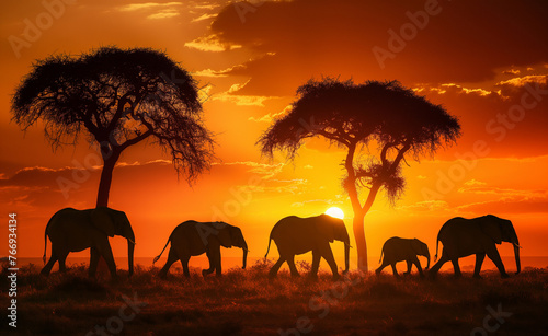 Sunset Stroll  Majestic Elephants of the African Savanna