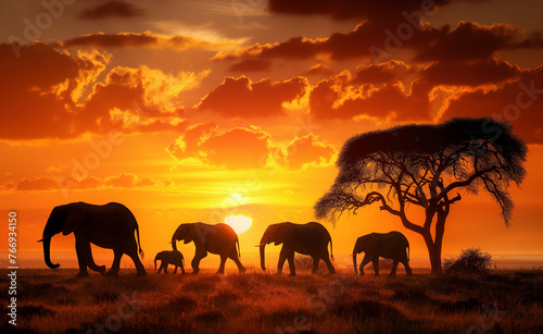 Sunset Stroll  Majestic Elephants of the African Savanna