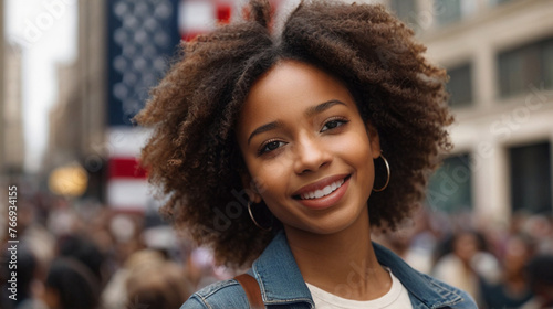 Portrait of beautiful Afro American young woman in front of american flag on the street in the crowd of protestors. © triocean