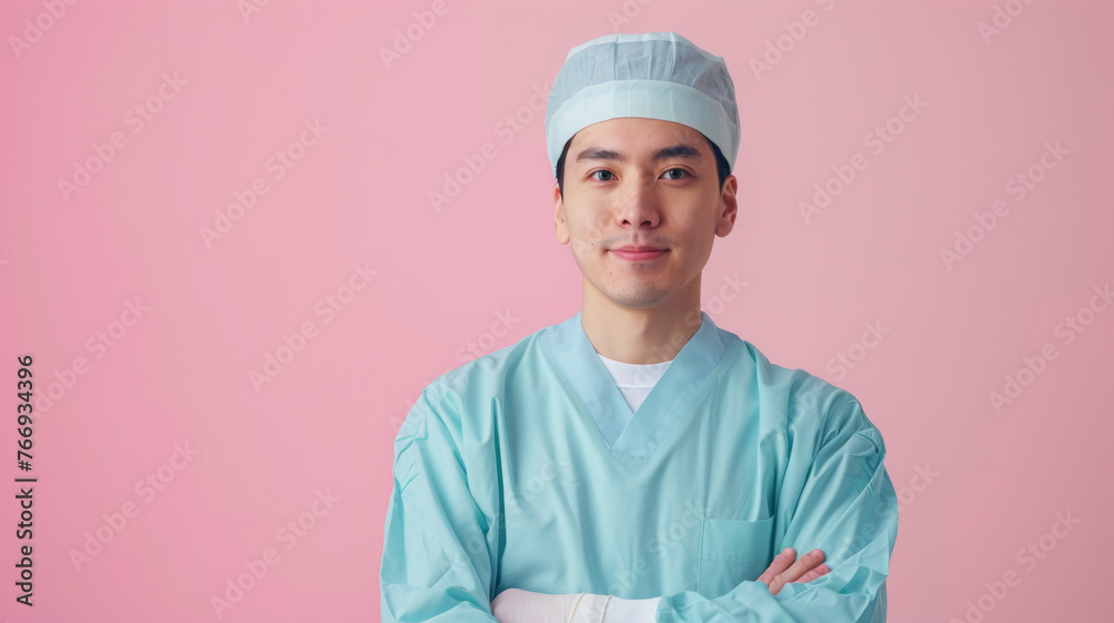 A confident young male surgeon in scrubs stands with arms crossed against a pink background, looking directly at the camera.