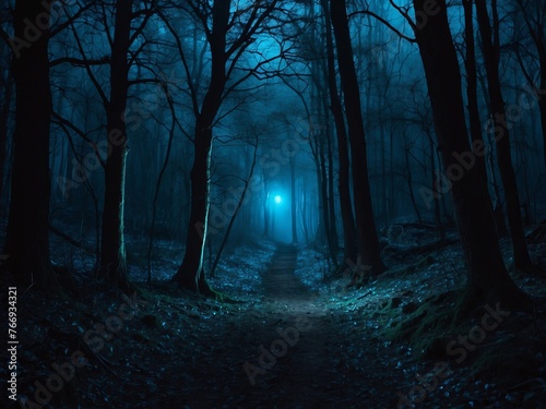 A panoramic vista of a hauntingly dark forest under the cover of night  adorned with magical  eerie woods illuminated by a mysterious blue light. This gloomy landscape 