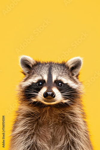 A close-up portrait of a cute and funny raccoon against a yellow background © Veniamin Kraskov