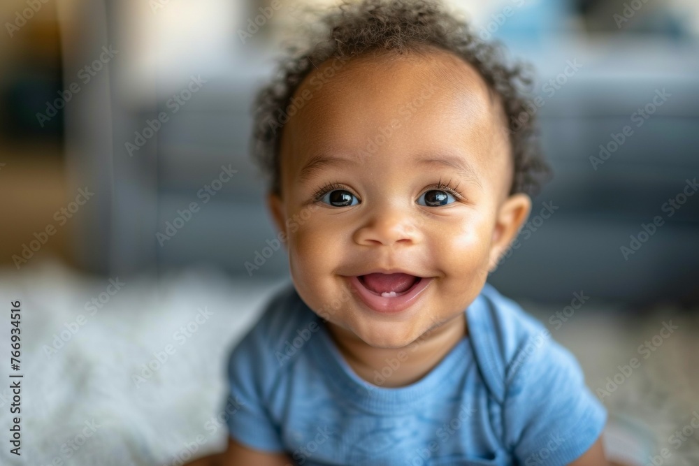 A smiling baby with brown hair and a blue shirt A smiling baby with brown hair and a blue shirt