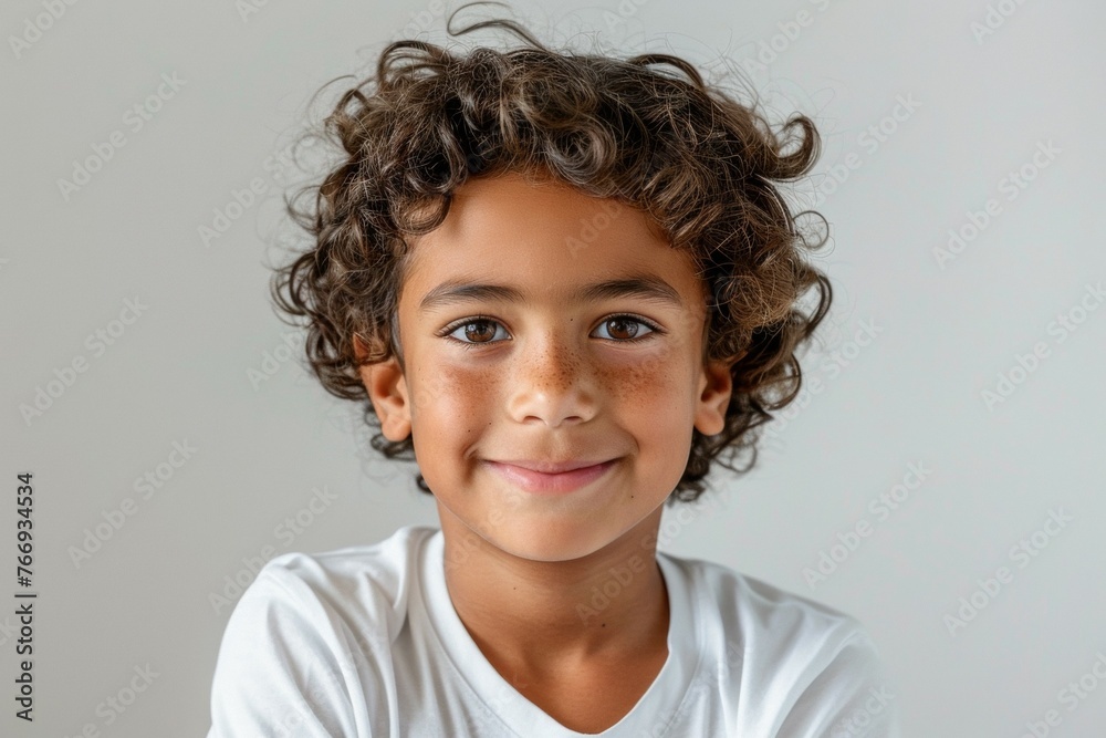 A young boy with curly hair is smiling and looking at the camera A young boy with curly hair is smiling and looking at the camera