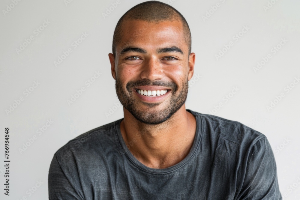 A man with a shaved head and a black shirt is smiling A man with a shaved head and a black shirt is smiling