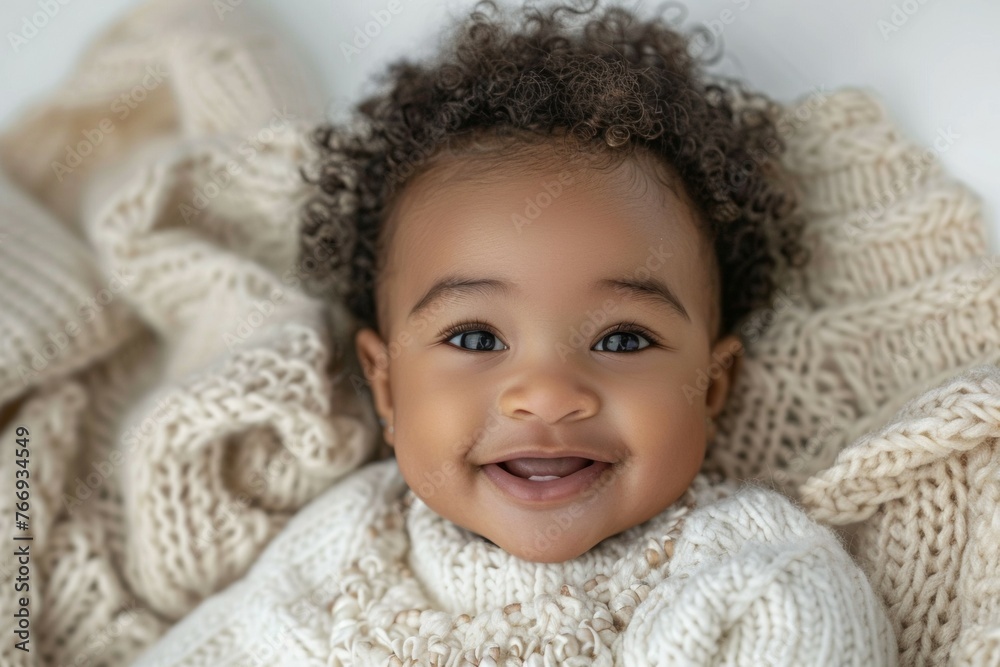 A baby is smiling and looking at the camera A baby is smiling and looking at the camera