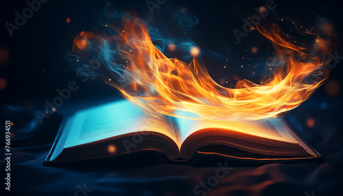 A book is on fire and the flames are blue