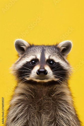 A close-up portrait of a cute and funny raccoon against a yellow background © Venka