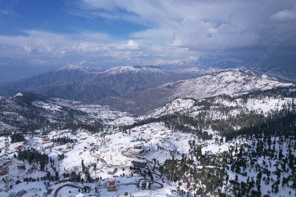 Aerial View of snow covered Malam Jabba Hill station in Himalayan Mountains