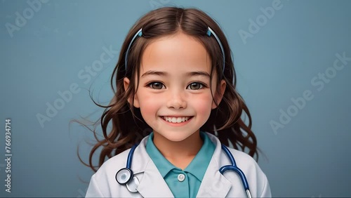 Smiling young girl dressed as a doctor with a stethoscope on a blue background, portraying healthcare and education