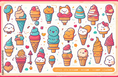 Sweet ice cream in colorful cups. Children's holiday with delicious ice cream, joy for children. © Yury Fedyaev