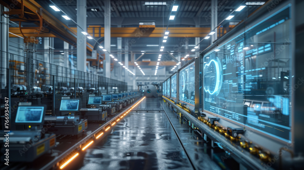 An advanced manufacturing facility featuring a central aisle flanked by high-tech machinery with integrated digital interfaces displaying operational data.