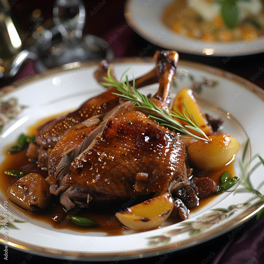 A plate of French Confit de Canard. A specialty made of Roast Duck